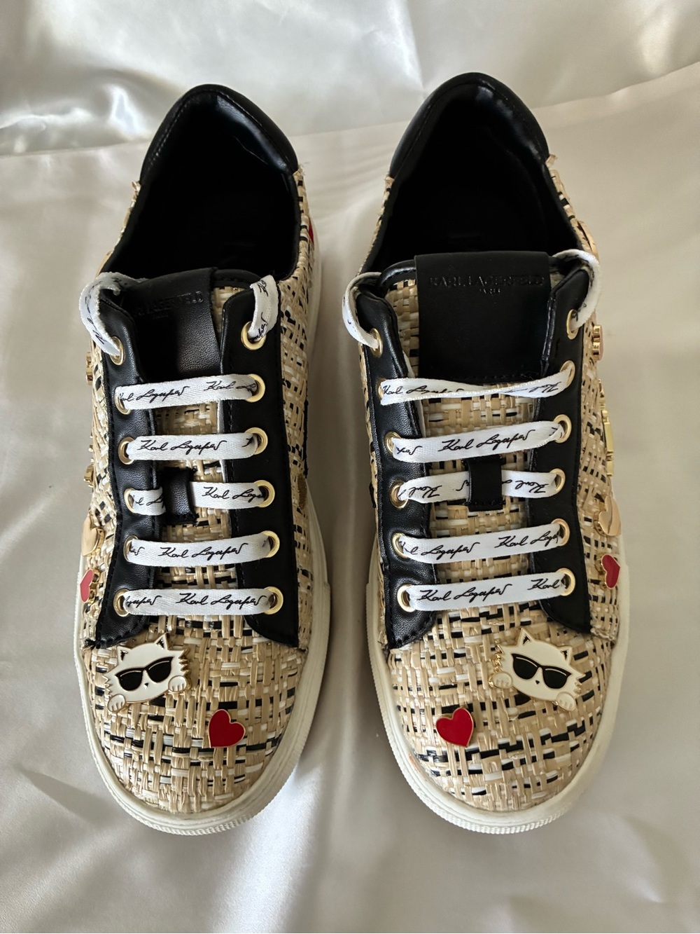 Karl Lagerfeld tweed and leather tennis shoes. Signature embellishments